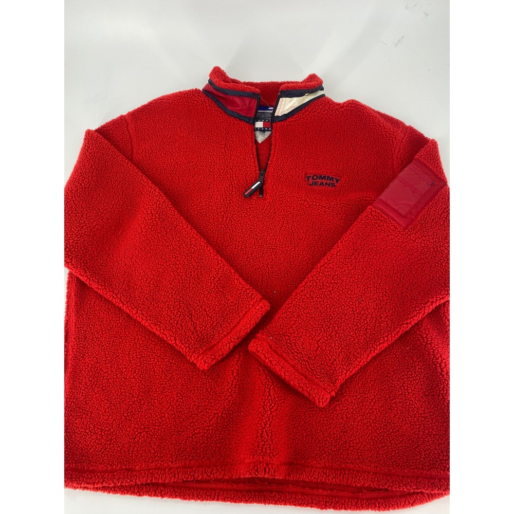 Tommy Jeans Red Sherpa Fleece Quarter Zip Pullover Men's XL